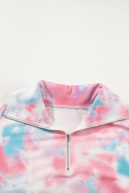 Plus Size Tie-Dye Zipped Collared Pullover Sweatshirt | Multicolour