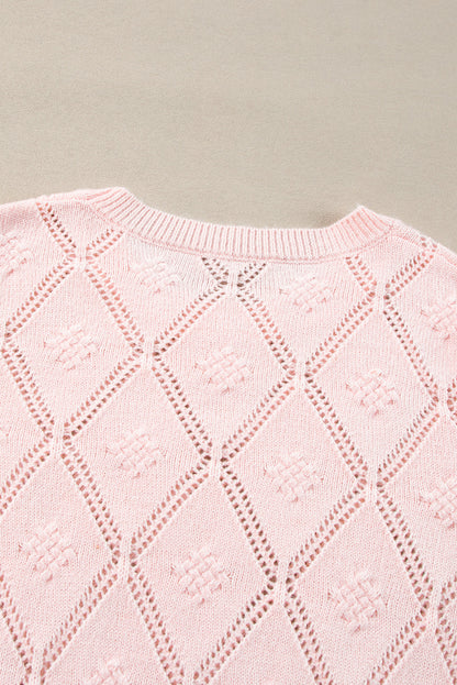 Openwork Plaid Puff Sleeve Cropped Sweater | Gossamer Pink