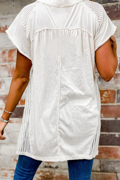 Hollow Knit Splicing Keyhole Back Tunic Top | White