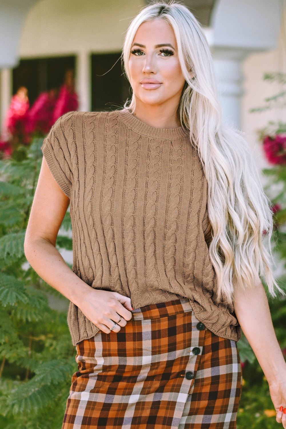 Crew Neck Cable Knit Short Sleeve Sweater | Light French Beige