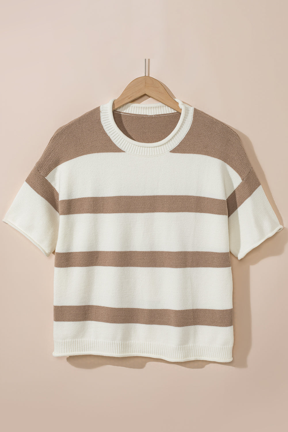 Dropped Short Sleeve Lightweight Knitted Top | Khaki Stripe