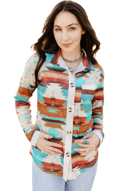 Aztec Print Buttoned Pocket Chest Long Sleeve Shirt | Multicolour