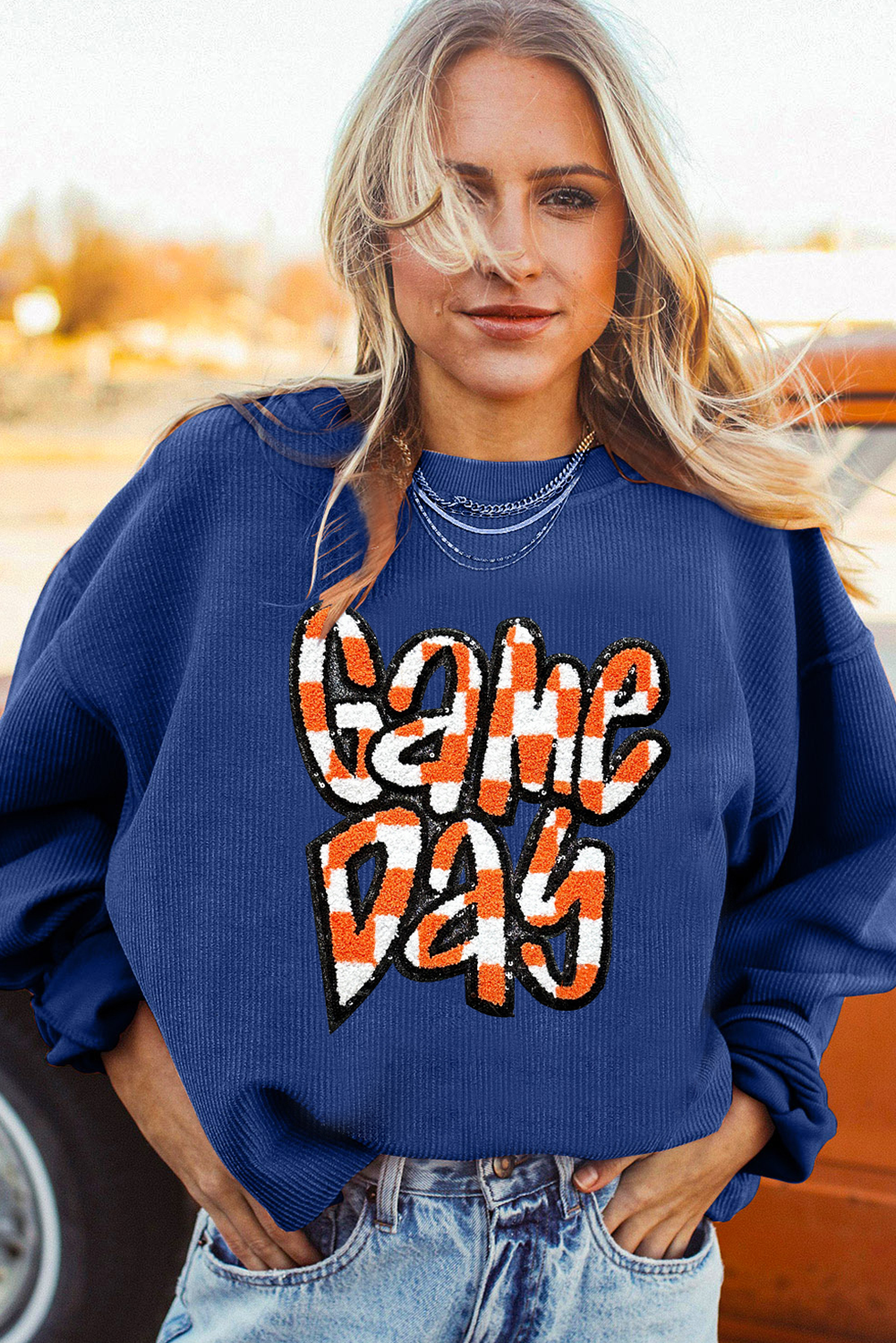 Chenille Checkered Game Day Graphic Drop Shoulder Corded Sweatshirt | Dark Blue