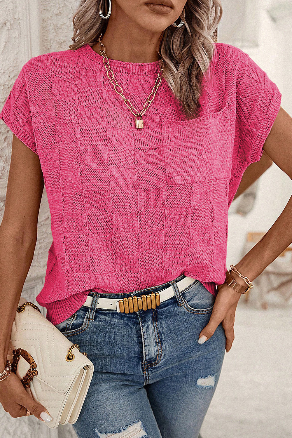 Lattice Textured Knit Short Sleeve Sweater | Bright Pink