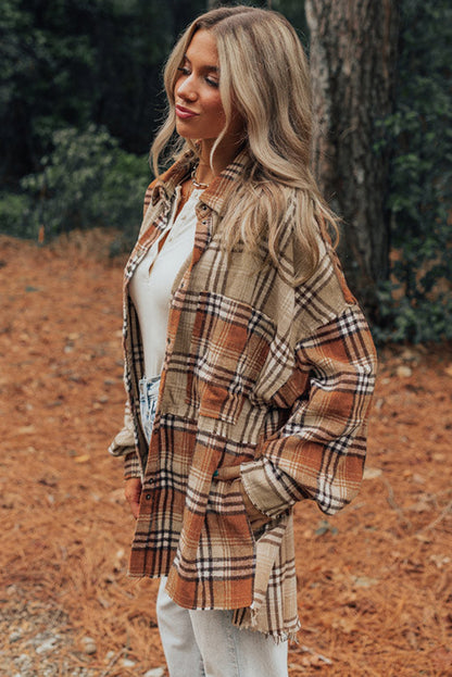 Plaid Colourblock Patchwork High Low Shacket | Khaki