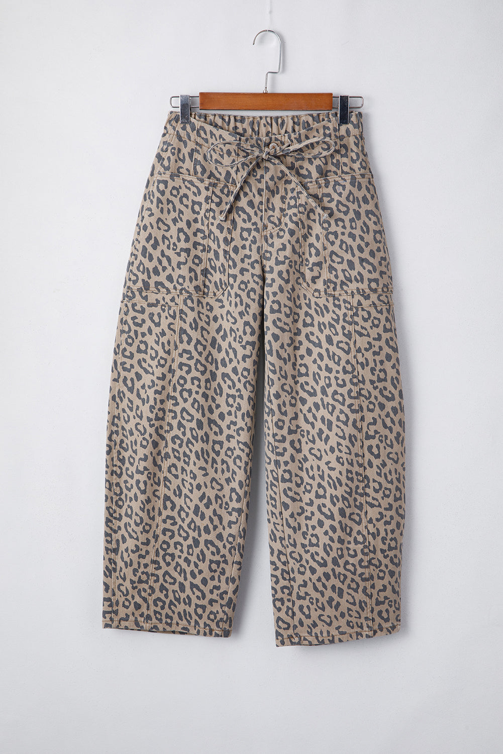 Leopard Printed Drawstring Waist Pocketed Wide Leg Jeans | Khaki