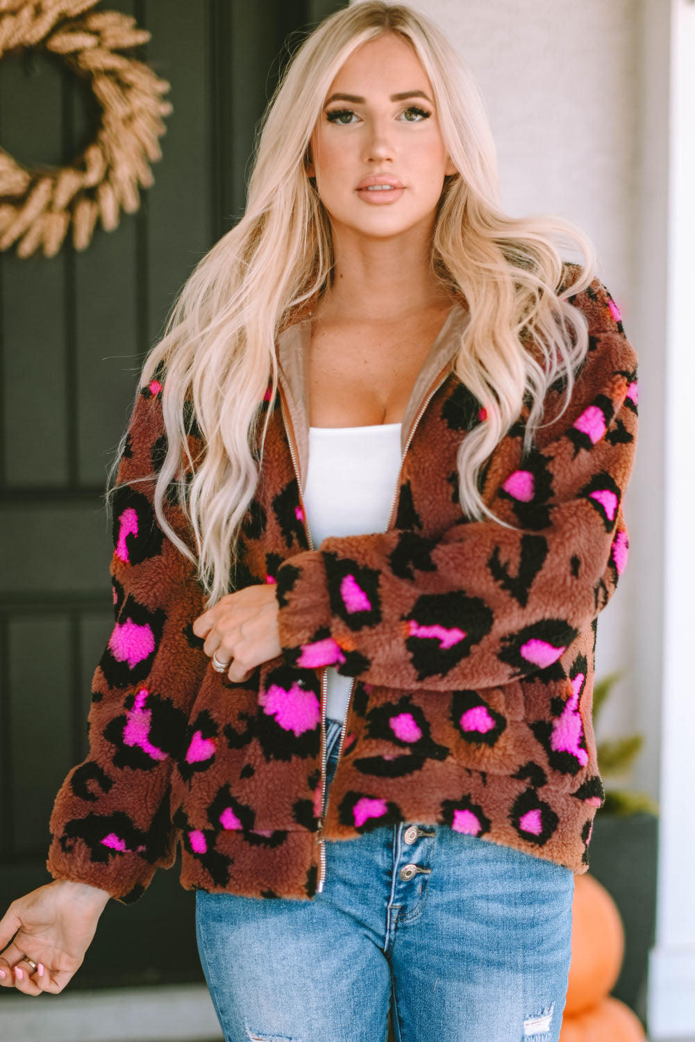 Zip Up Stand Collar Sherpa Teddy Jacket | Leopard