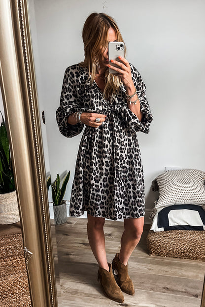 Leopard Print Elasticated V Neck 3/4 Puff Sleeve Dress | Black