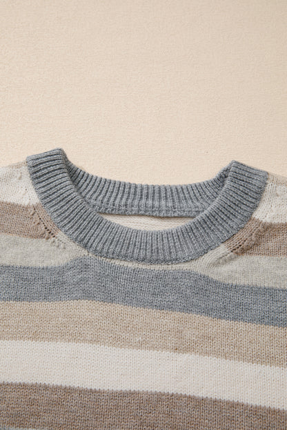 Colour Block Ribbed Edge Round Neck Sweater | Gray Stripe