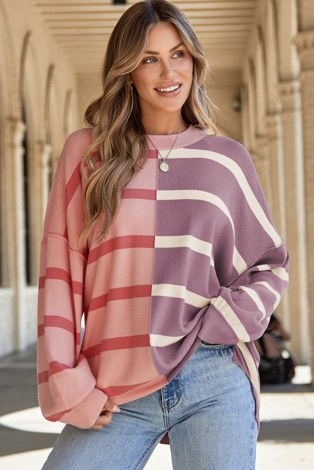 Colourblock Oversized Sweater | Pink Stripe