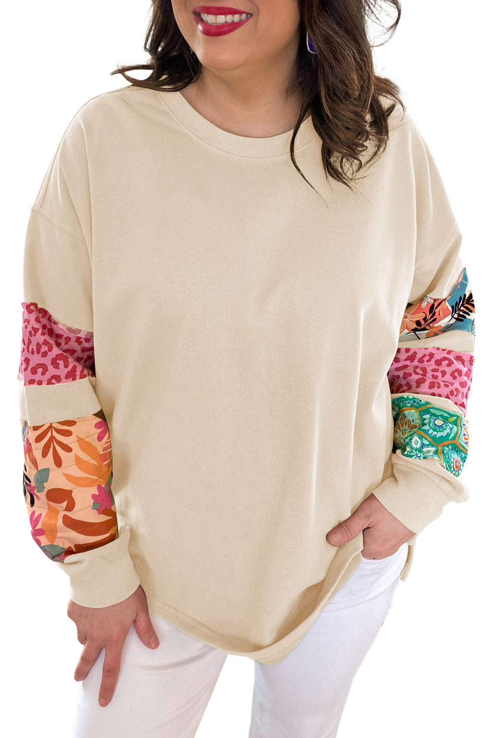 Plus Size Printed Patchwork Sleeve Split Sweatshirt | Beige