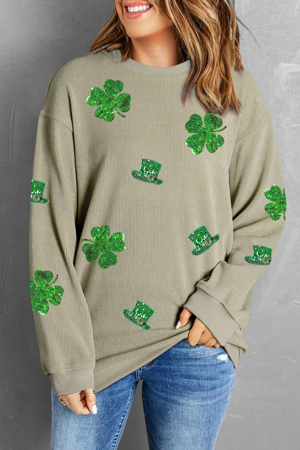 St. Patrick Sequined Graphic Corded Sweatshirt | Green