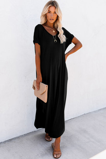 V Neck Hidden Pocket Splits Maxi T-Shirt Dress | Black