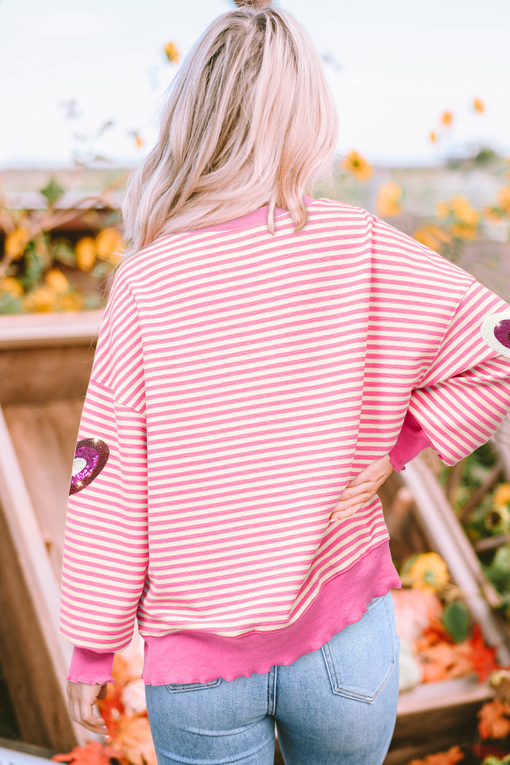 Sequin Heart Patched Pattern Long Sleeve Valentines Top | Pink Stripe