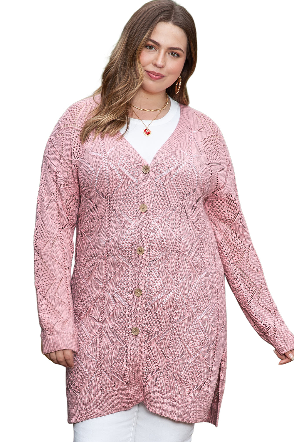 Open Knit Button-Up Plus Size Cardigan | Pink