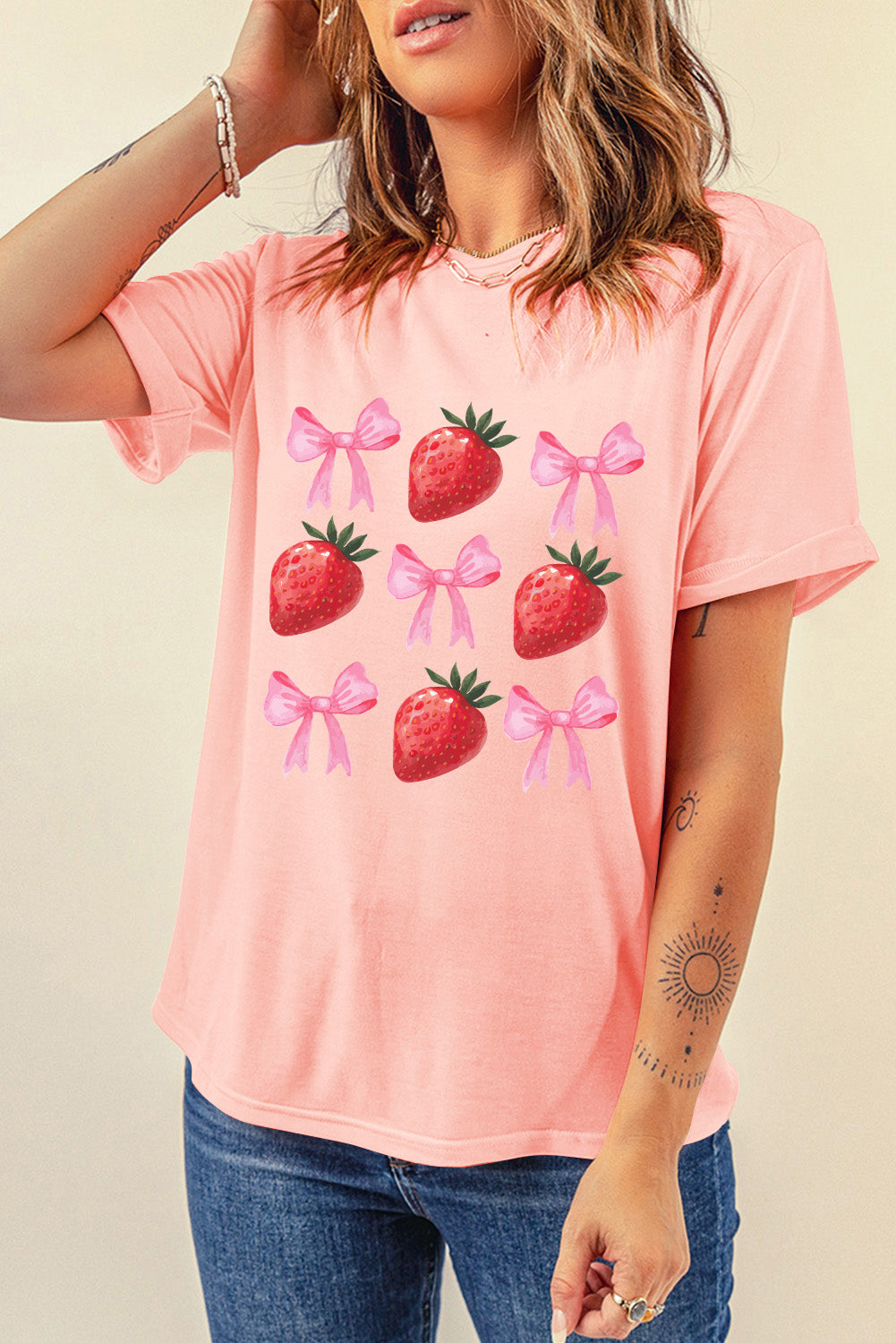 Strawberry & Bowknot Graphic T Shirt | Pink