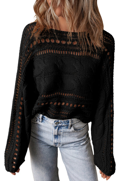 Hollow-Out Cable Knit Cropped Sweater | Black