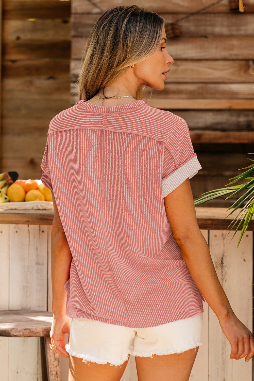 Textured Colourblock Crew Neck T Shirt | Apricot Pink