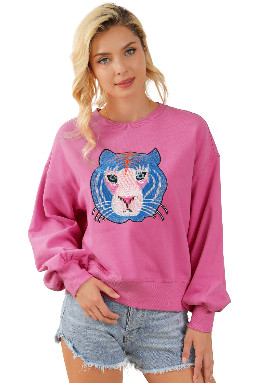 Chic Tiger Embroidered Casual Sweatshirt | Rose