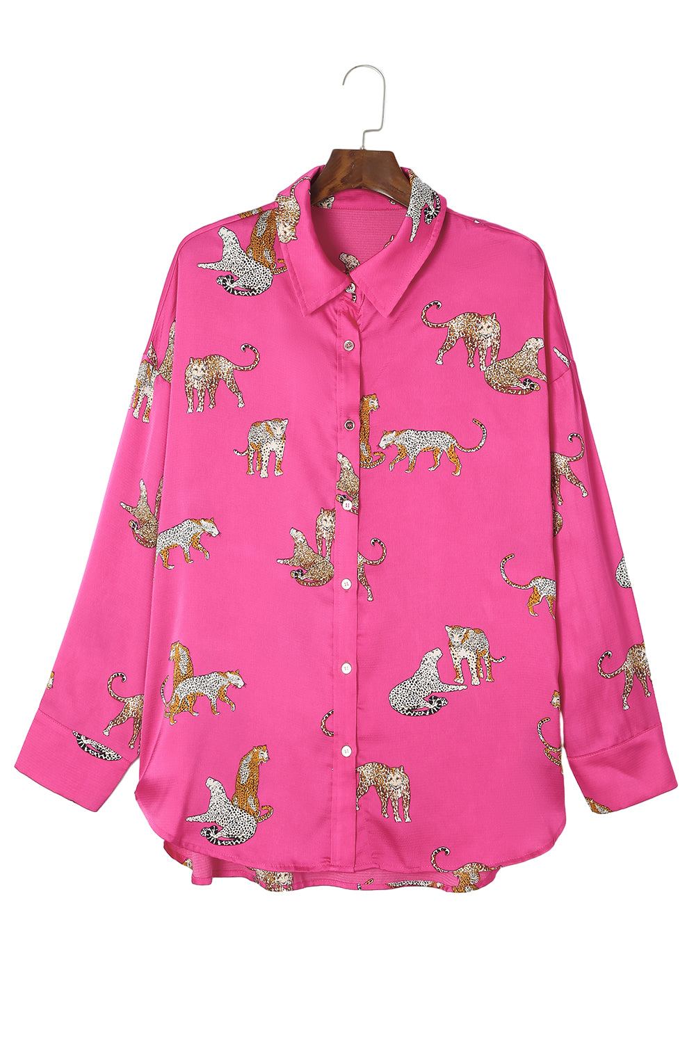 Rose Cheetah Animal Print Button Up Satin Shirt | Rose Red