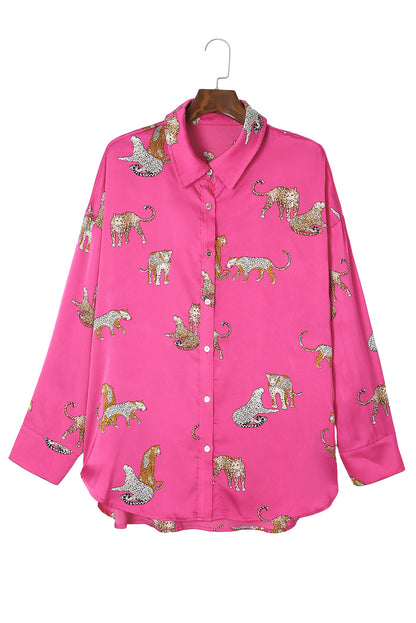 Rose Cheetah Animal Print Button Up Satin Shirt | Rose Red