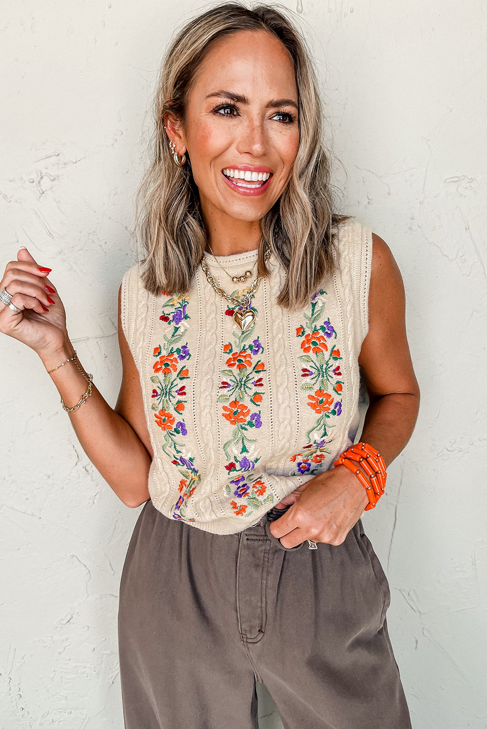 Embroidered Floral Cable Knit Sweater Vest | Jet Stream