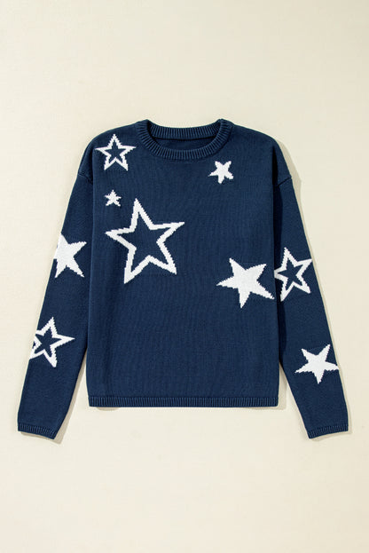 Star Pattern Drop Shoulder Knitted Sweater | Sail Blue