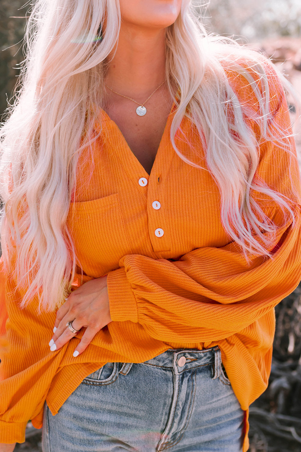 Buttoned V Neck Drop Shoulder Waffle Knit Top | Orange