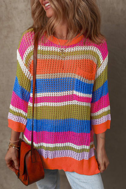 Colourblock Hollowed Crochet 3/4 Sleeve Sweater | Orange Stripe