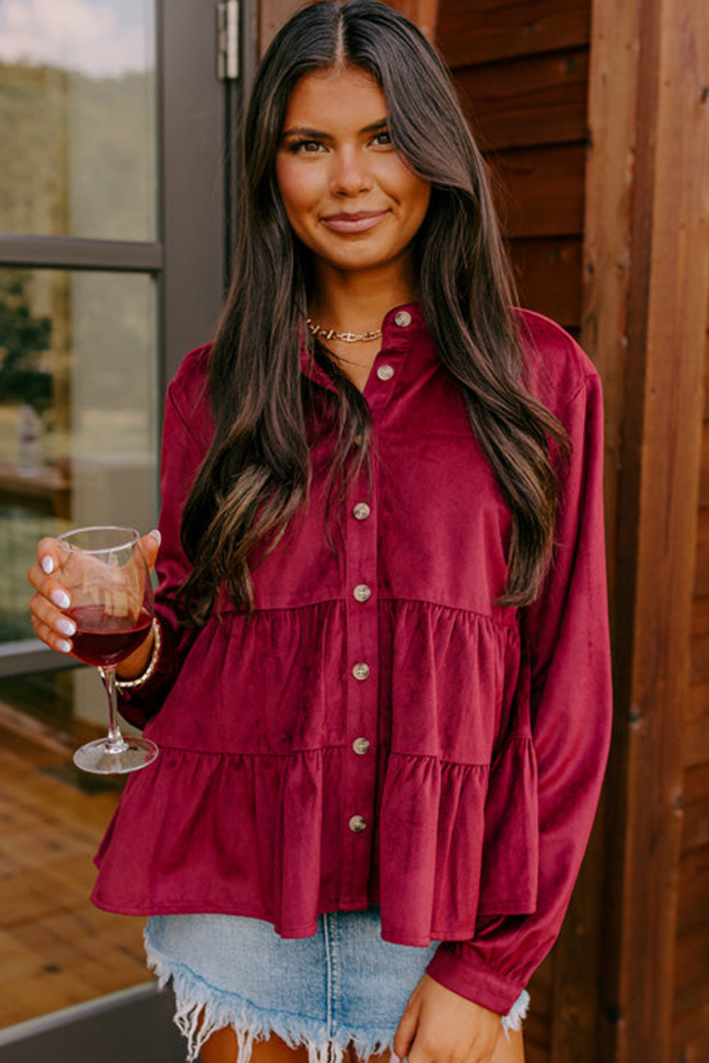 Corduroy Ruffle Tiered Buttoned O Neck Shirt | Burgundy