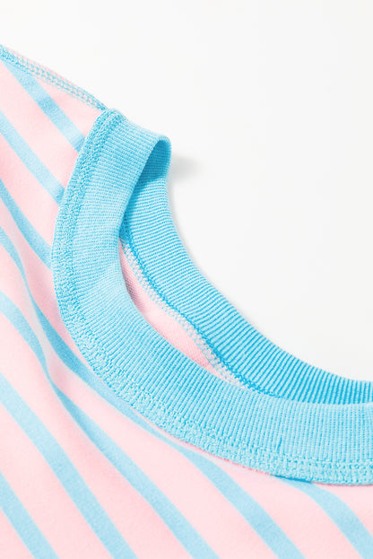 Oversized Contrast Trim Exposed Seam High Low T Shirt | Pink Stripe