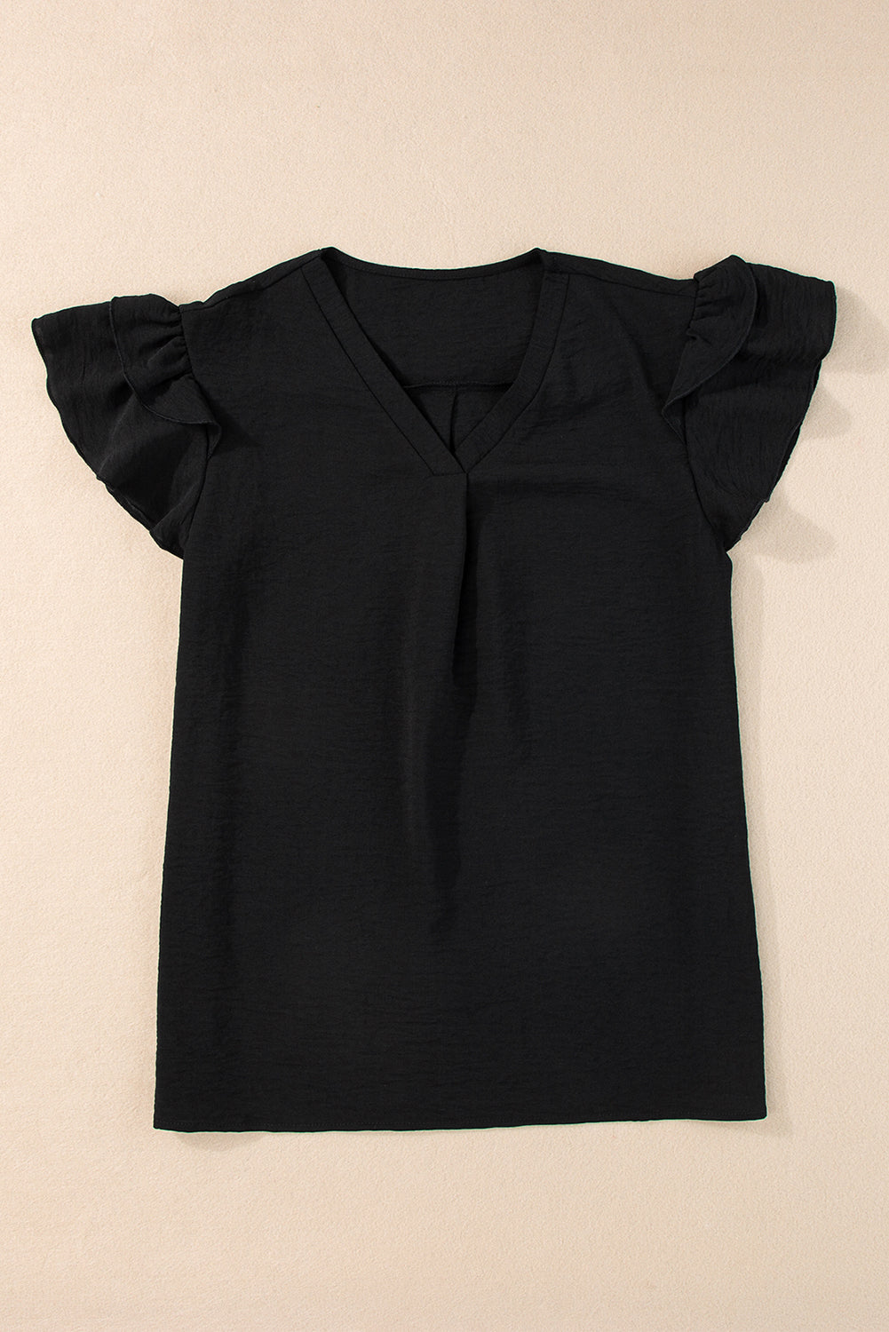 V Neck Ruffle Short Sleeve Blouse | Black