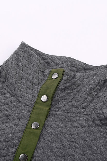 Dark  Quilted Snaps Stand Neck Sweatshirt With Fake Front Pocket | Gray