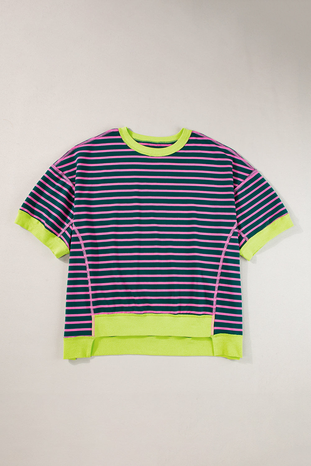 Oversized Contrast Trim Exposed Seam High Low T Shirt | Green Stripe