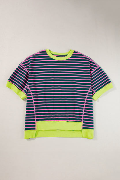 Oversized Contrast Trim Exposed Seam High Low T Shirt | Green Stripe