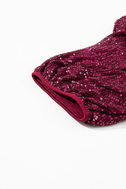 Glittering Sequin Short Bubble Sleeve Blouse | Burgundy