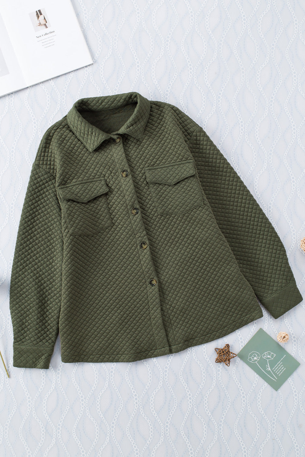 Retro Quilted Flap Pocket Button Shacket | Green