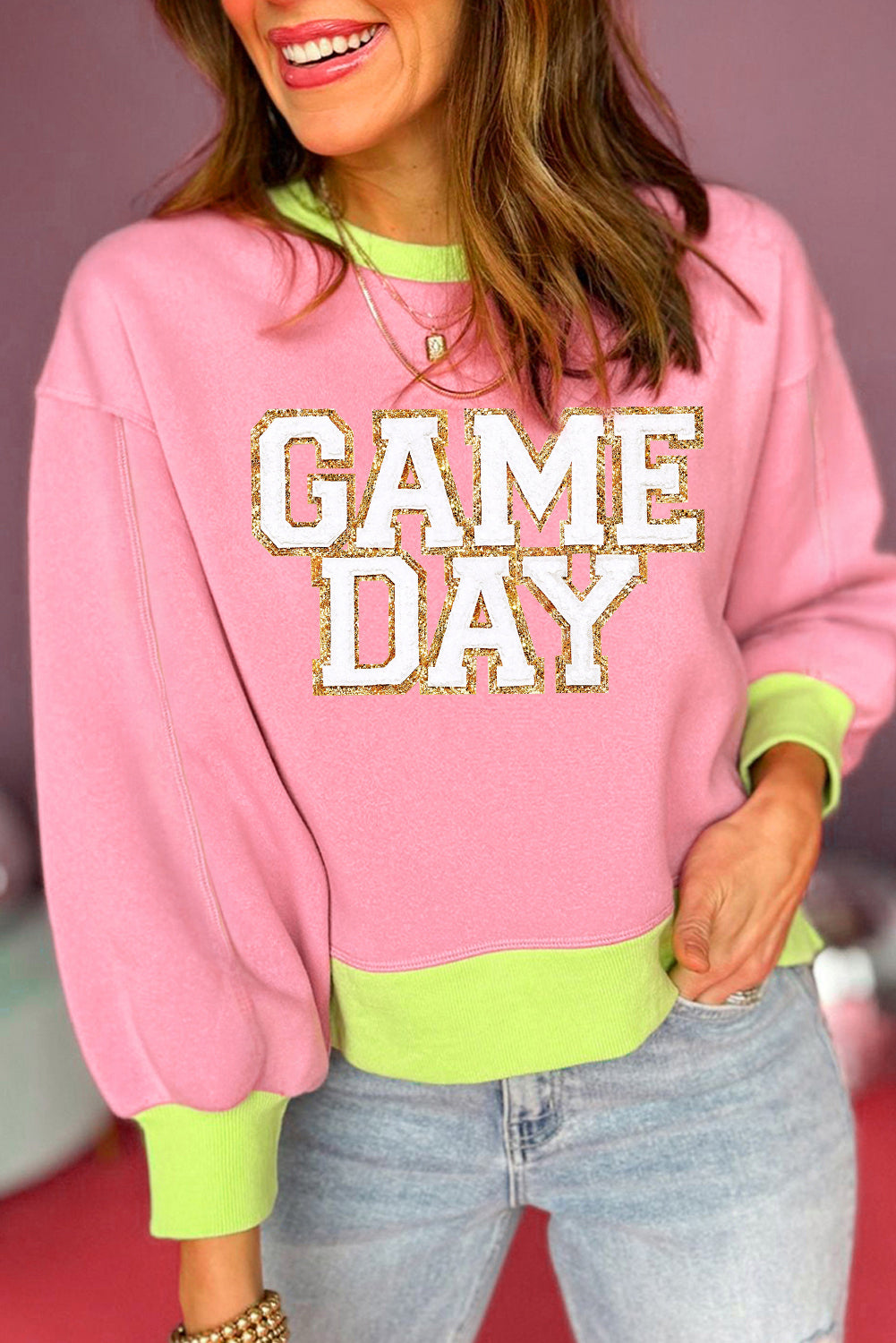 Game Day Glitter Colour Block Crew Neck Sweatshirt | Pink