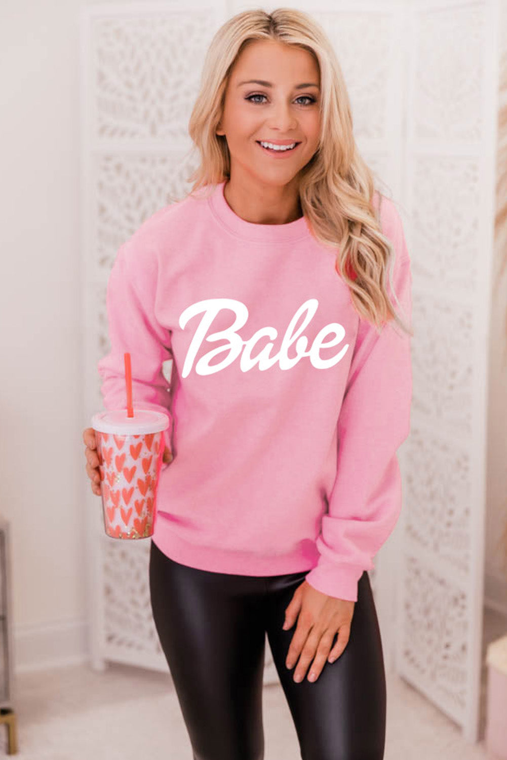 Letters Print Ribbed Knit Trim Sweatshirt | Pink