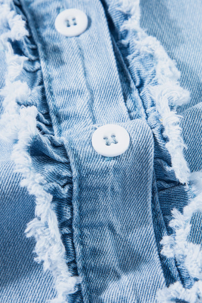 Button Front Ruffled Flutter Frayed Denim Top | Beau Blue