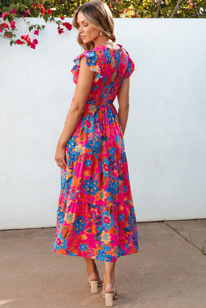 Boho Floral V Neck Ruffle Tiered Long Dress | Rose Red