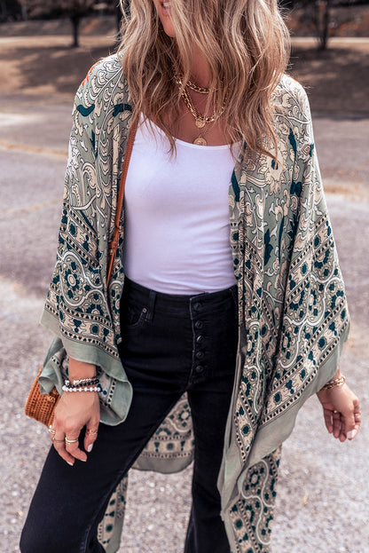 Vintage Floral Print Long Split Open Front Kimono | Green