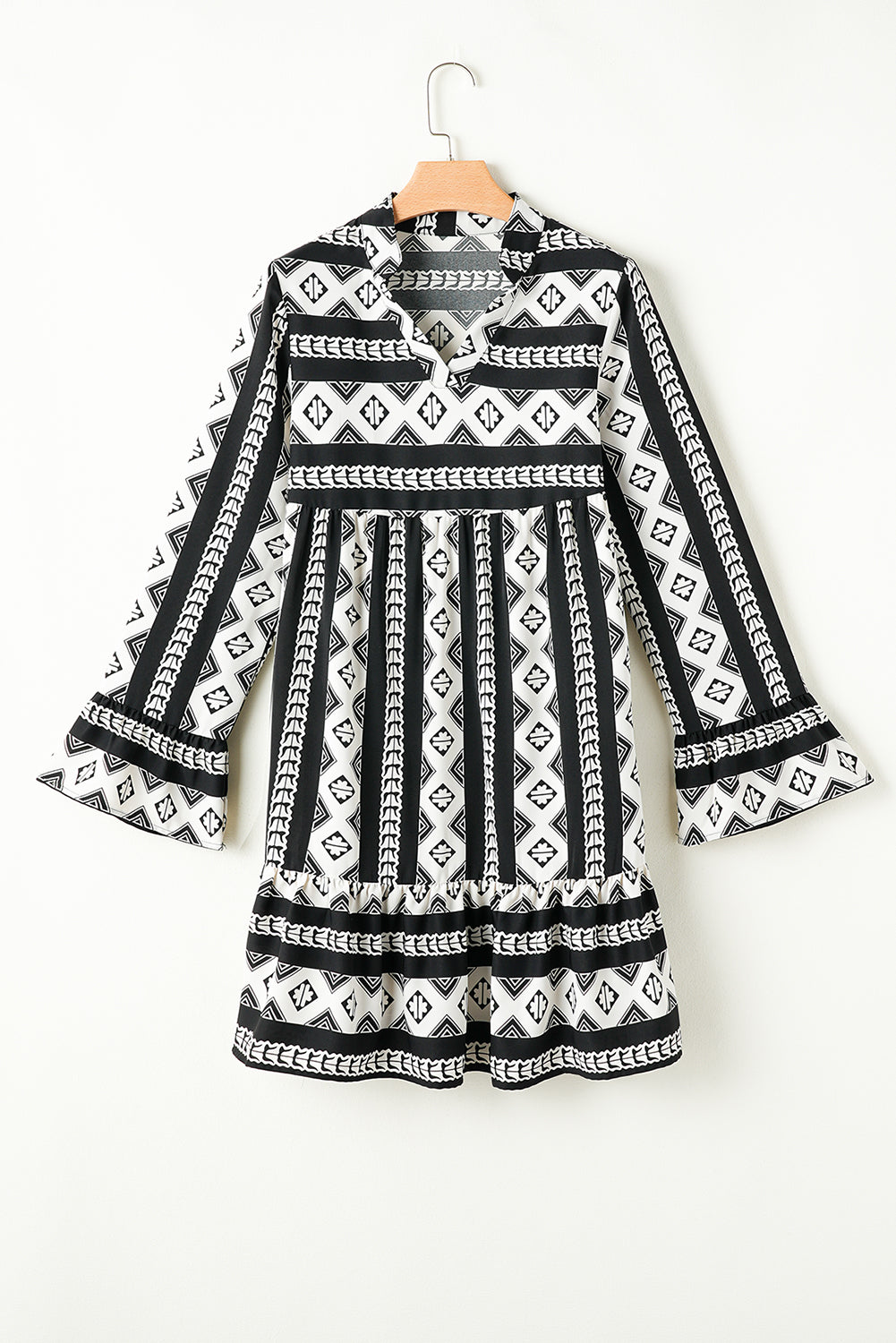 Boho Geometric Printed Flared Long Sleeve Mini Dress | Black