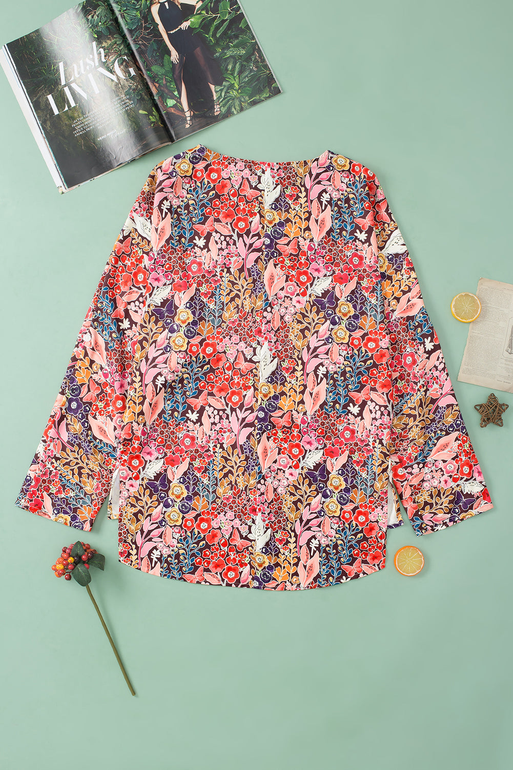 Boho Floral Long Sleeve V-Neck Blouse | Multicolour