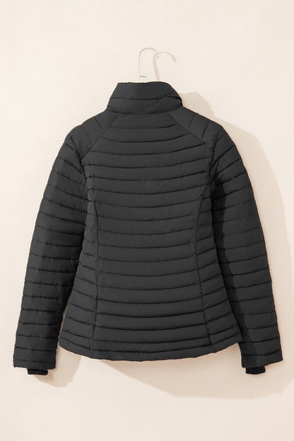 Solid Colour Quilted Zip-Up Puffer Jacket | Black