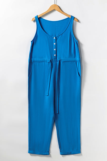 Button Drawstring High Waist Sleeveless Cropped Jumpsuit | Sky Blue