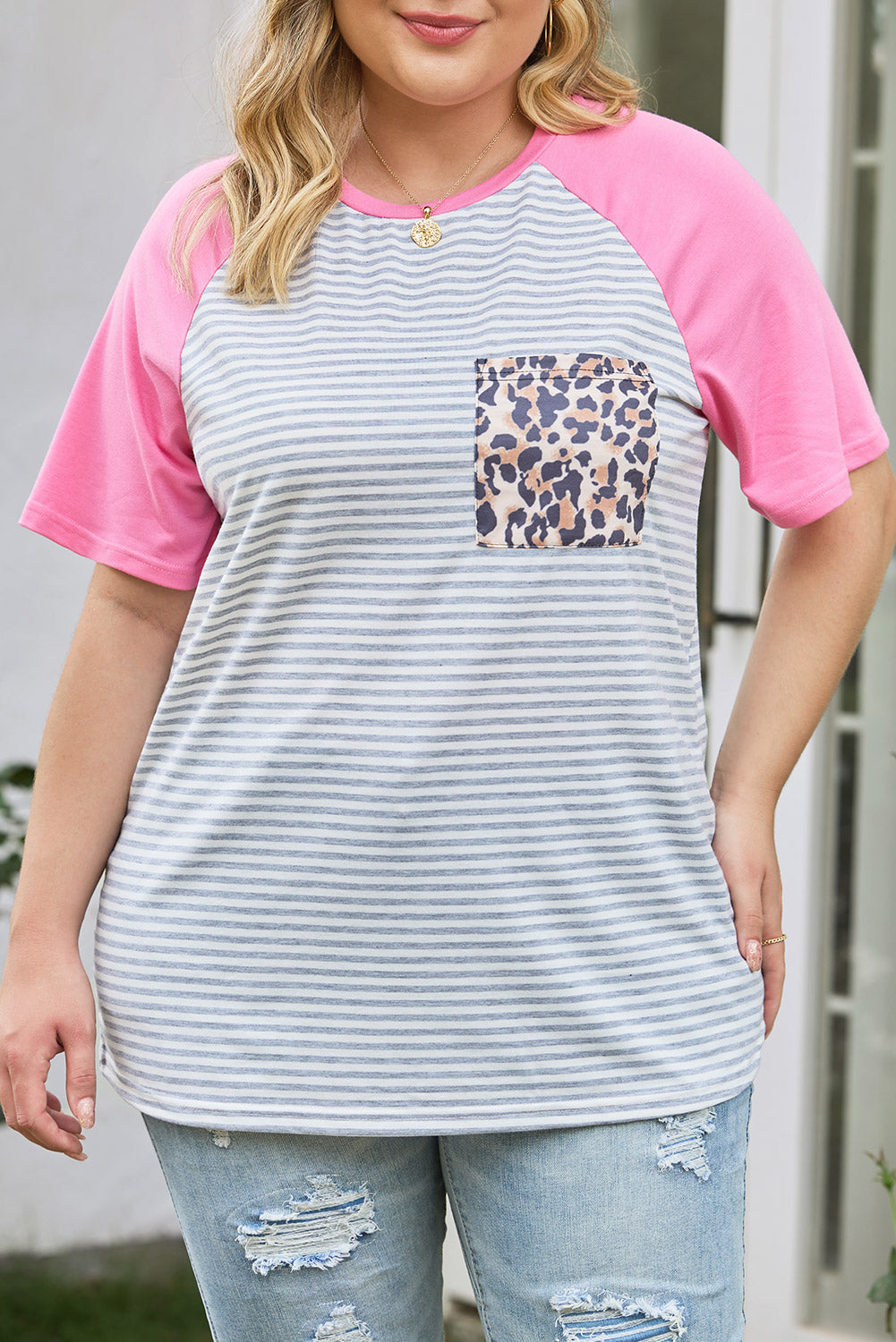 Leopard Patch Pocket Plus Size Raglan Sleeve Tee | Stripe