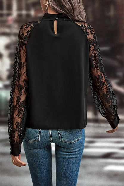 Keyhole Neckline Floral Lace Raglan Sleeve Blouse | Black