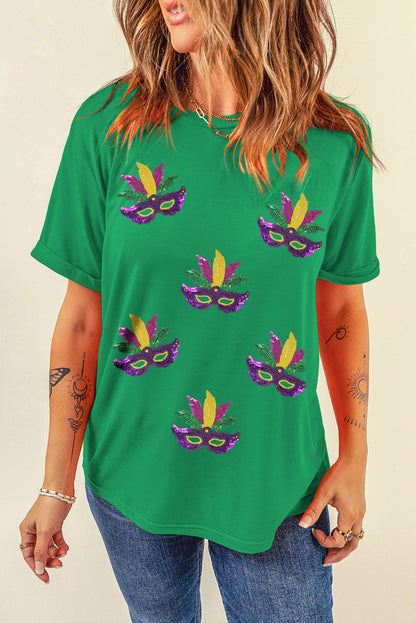 Sequin Mardi Gras Mask Patched Pattern Crewneck Tee | Bright Green