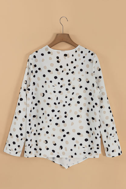 Polka Dot Print Button Front V Neck Blouse | White